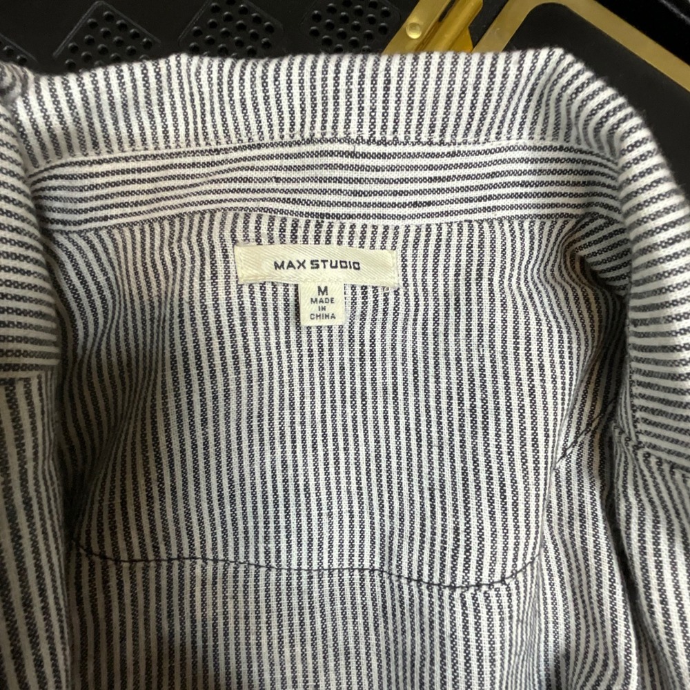 Max Studio Striped Linen Blend Ruched Sleeve Blazer Navy Blue White Size M - Picture 5 of 9